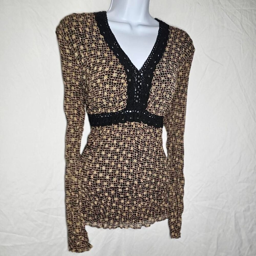 Vintage y2k brown patterned whimsigoth long sleeve v neck top